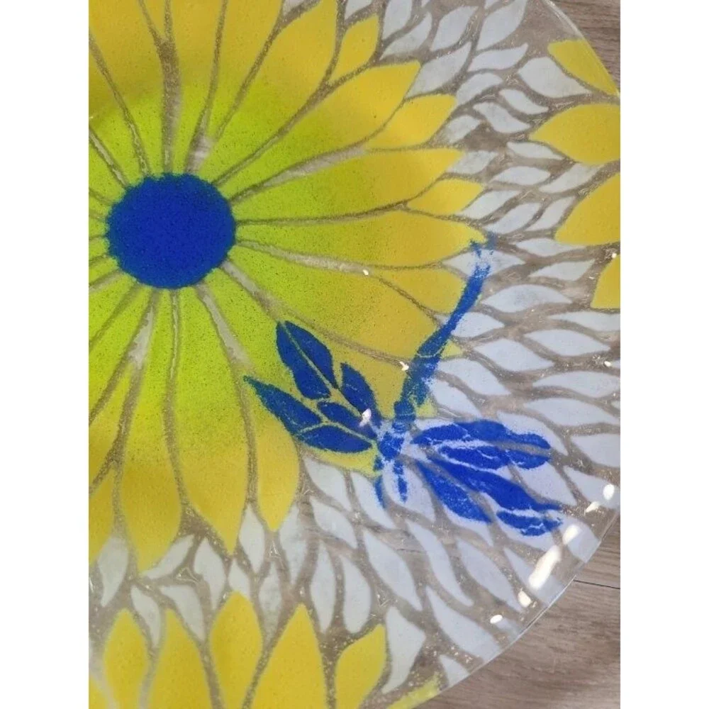 Hand Painted Glass Plate Yellow Flower Dragonfly Stained Glass Style Signed 8.5